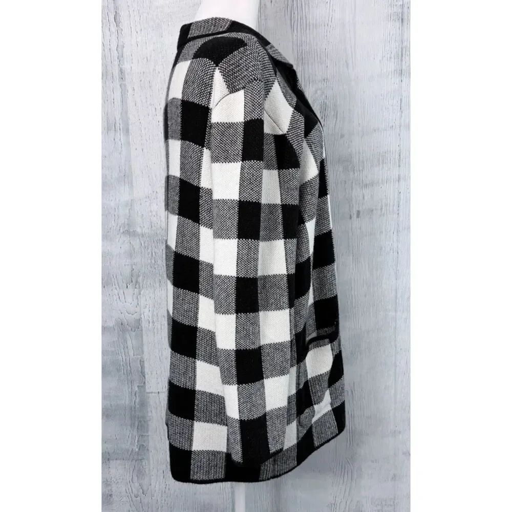 Talbots Black White Buffalo Plaid Open Cardigan Womens XL Knit Sweater w/Pockets